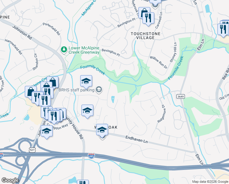 map of restaurants, bars, coffee shops, grocery stores, and more near 10201 Rougemont Lane in Charlotte