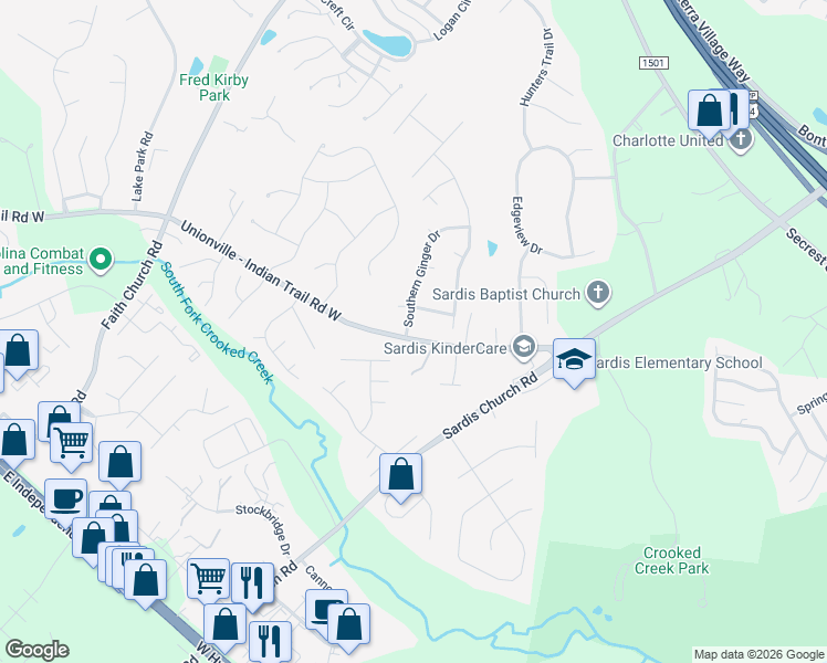 map of restaurants, bars, coffee shops, grocery stores, and more near 3300 Southern Ginger Drive in Indian Trail