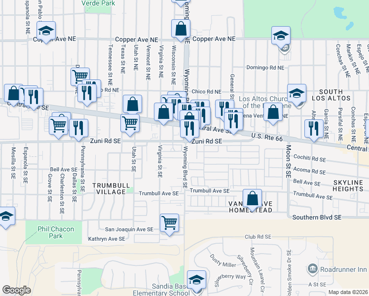 map of restaurants, bars, coffee shops, grocery stores, and more near 111 Wyoming Boulevard Southeast in Albuquerque