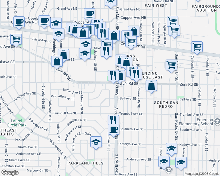 map of restaurants, bars, coffee shops, grocery stores, and more near 5201 Zuni Road Southeast in Albuquerque