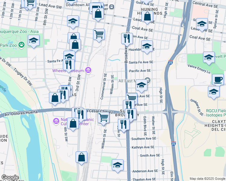 map of restaurants, bars, coffee shops, grocery stores, and more near 1017 John Street Southeast in Albuquerque