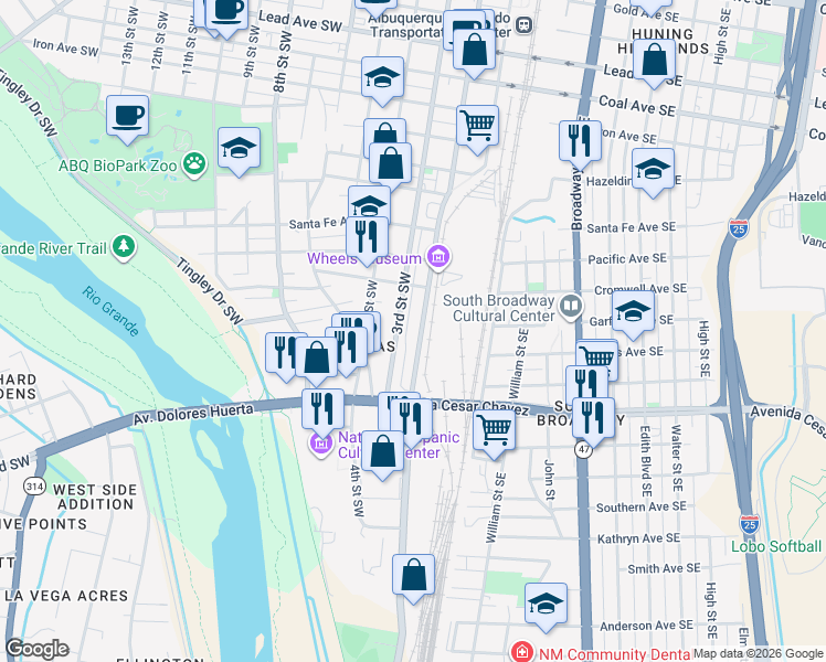 map of restaurants, bars, coffee shops, grocery stores, and more near 1219 2nd Street Southwest in Albuquerque