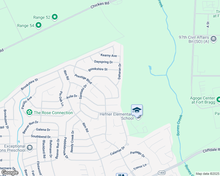 map of restaurants, bars, coffee shops, grocery stores, and more near 717 Sunny Crest Drive in Fayetteville