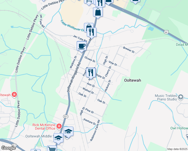 map of restaurants, bars, coffee shops, grocery stores, and more near 9401 State Street in Ooltewah