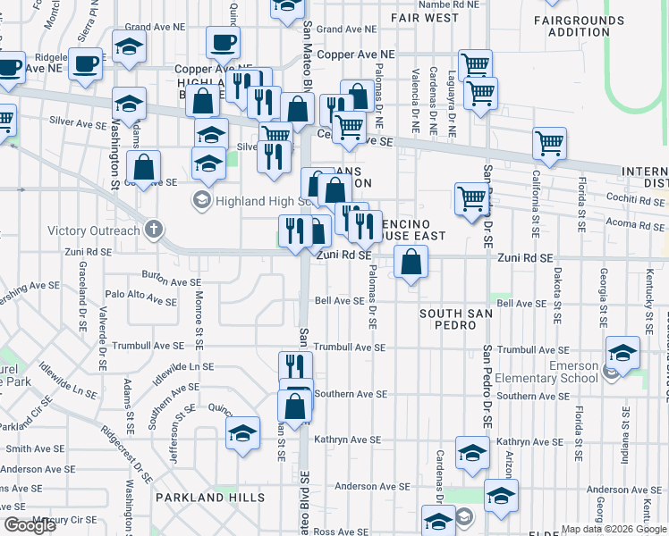map of restaurants, bars, coffee shops, grocery stores, and more near 512 Ortiz Drive Southeast in Albuquerque