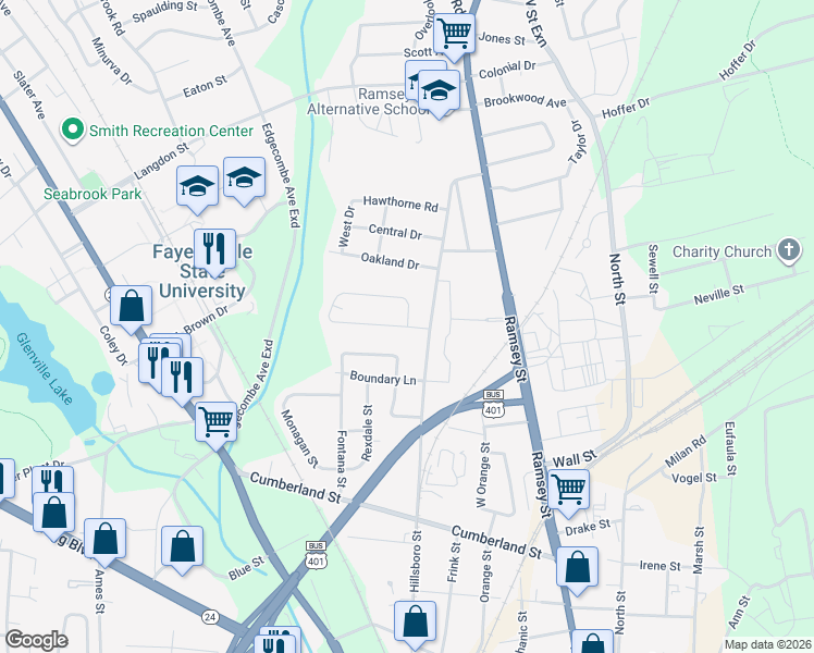 map of restaurants, bars, coffee shops, grocery stores, and more near 276 North Windsor Drive in Fayetteville