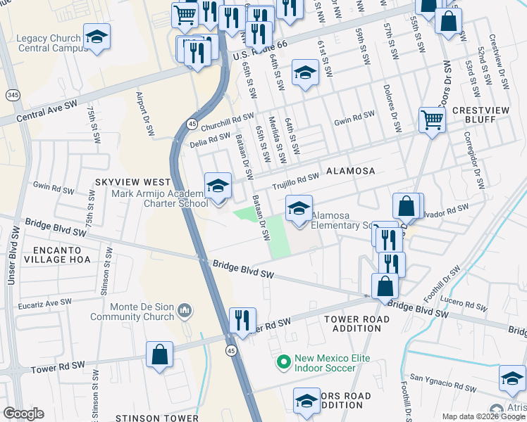 map of restaurants, bars, coffee shops, grocery stores, and more near 640 Bataan Drive Southwest in Albuquerque