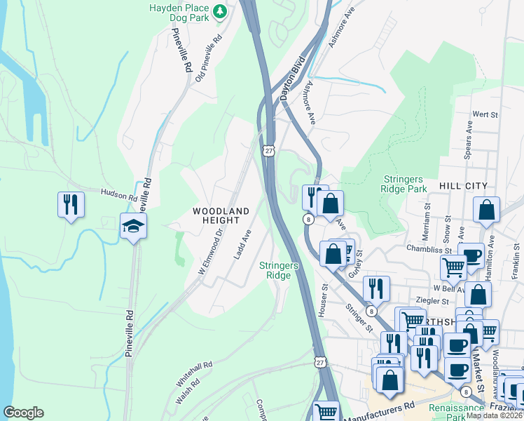 map of restaurants, bars, coffee shops, grocery stores, and more near 446 Whitehall Road in Chattanooga