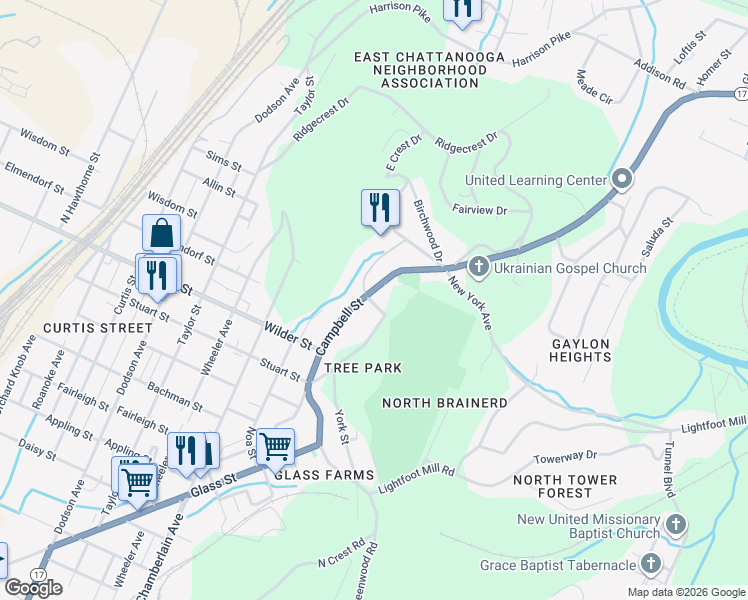 map of restaurants, bars, coffee shops, grocery stores, and more near 3310 Grove Street in Chattanooga