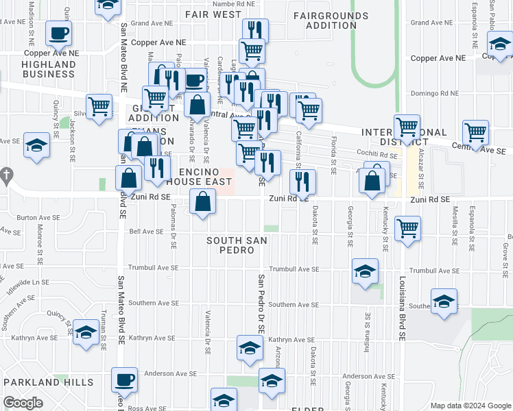 map of restaurants, bars, coffee shops, grocery stores, and more near 505 San Pedro Drive Southeast in Albuquerque