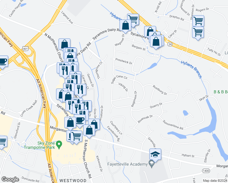 map of restaurants, bars, coffee shops, grocery stores, and more near 3460 Sugar Cane Circle in Fayetteville