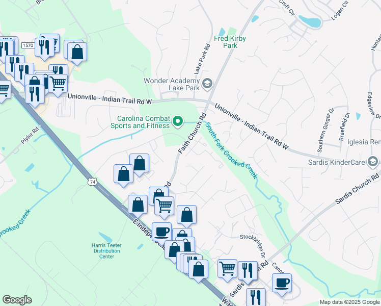 map of restaurants, bars, coffee shops, grocery stores, and more near 2000 Alice Flagg Lane in Indian Trail