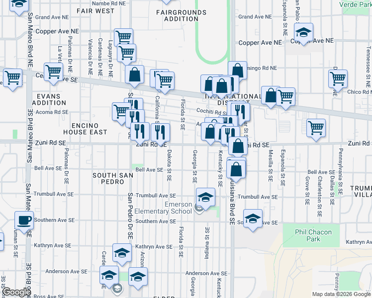 map of restaurants, bars, coffee shops, grocery stores, and more near 6711 Zuni Road Southeast in Albuquerque