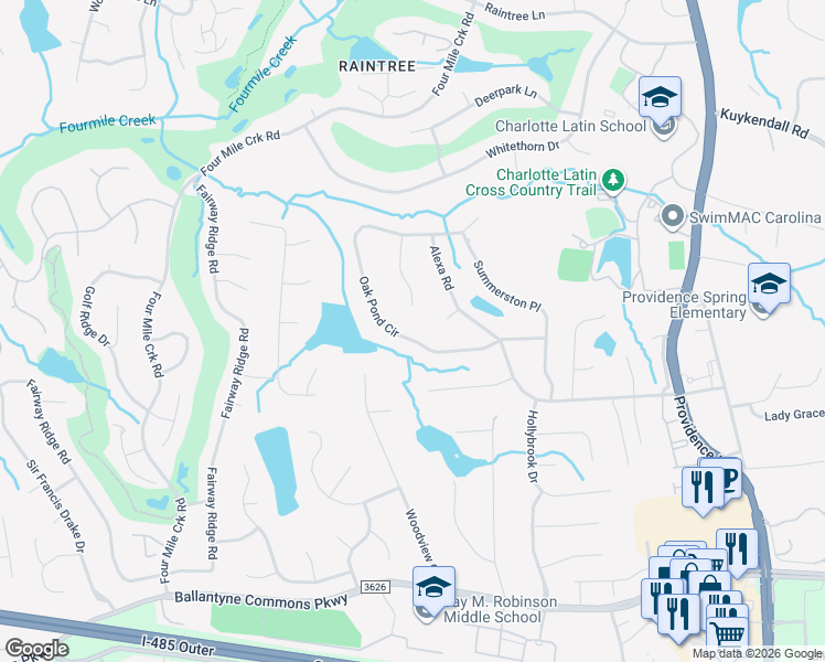 map of restaurants, bars, coffee shops, grocery stores, and more near 5903 Derry Hill Place in Charlotte