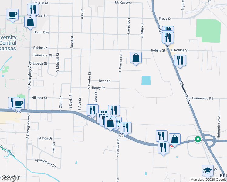 map of restaurants, bars, coffee shops, grocery stores, and more near 1404 Hardy Street in Conway