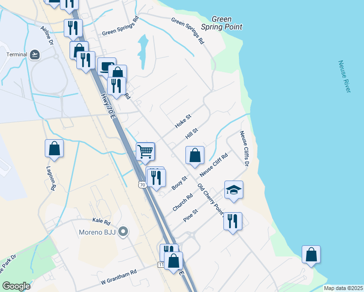 map of restaurants, bars, coffee shops, grocery stores, and more near 321 Hill Street in New Bern