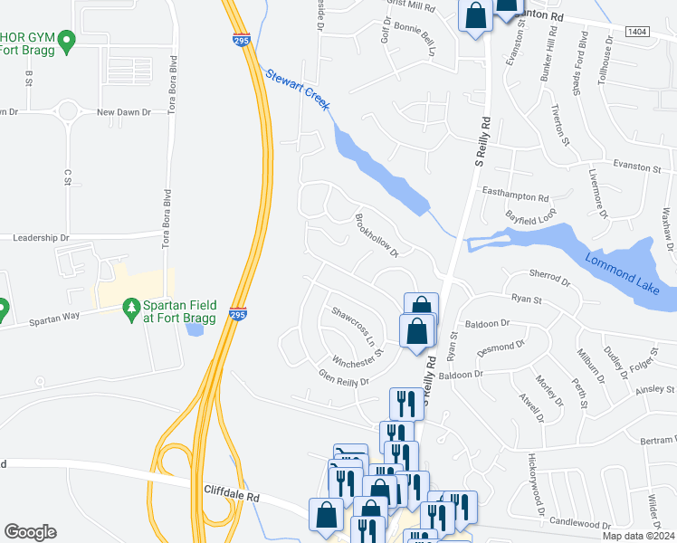 map of restaurants, bars, coffee shops, grocery stores, and more near 1077 Glen Reilly Drive in Fayetteville