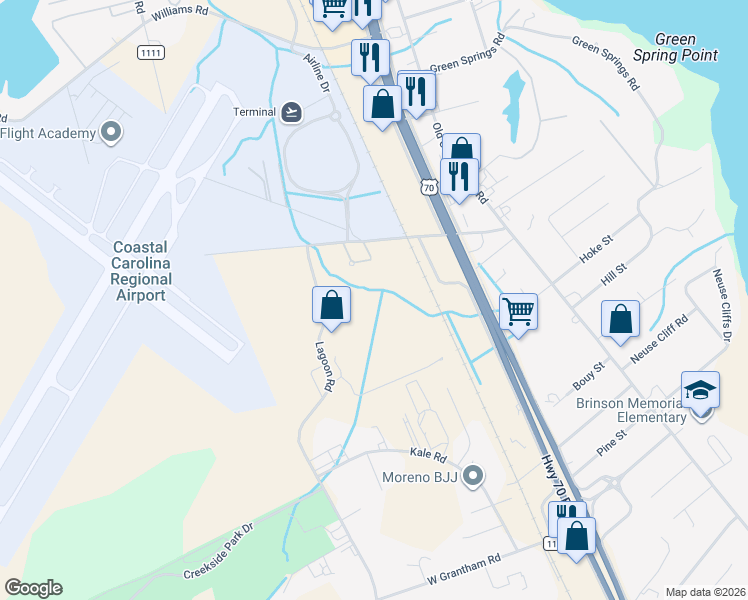 map of restaurants, bars, coffee shops, grocery stores, and more near 1617 Landmark Circle in New Bern