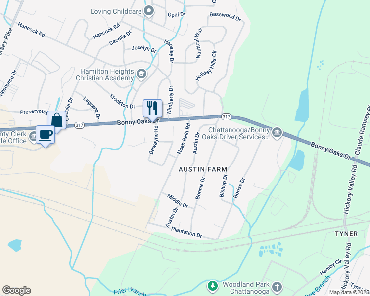 map of restaurants, bars, coffee shops, grocery stores, and more near 7626 Noah Reid Road in Chattanooga