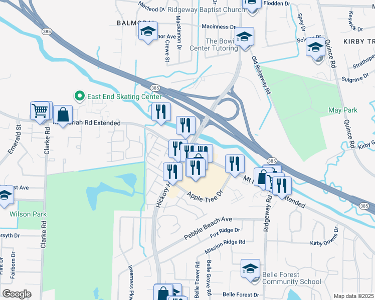map of restaurants, bars, coffee shops, grocery stores, and more near Hickory Hill Rd & Mt Moriah Rd in Memphis