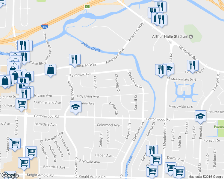 map of restaurants, bars, coffee shops, grocery stores, and more near 5103 Darlington Drive in Memphis