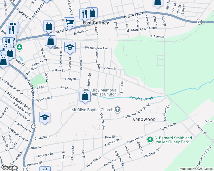 map of restaurants, bars, coffee shops, grocery stores, and more near 408 Barclay Avenue in Gaffney