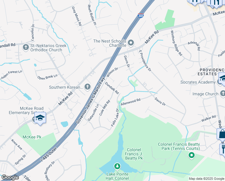 map of restaurants, bars, coffee shops, grocery stores, and more near 3402 Cole Mill Road in Charlotte