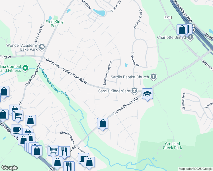 map of restaurants, bars, coffee shops, grocery stores, and more near 3302 Southern Ginger Drive in Indian Trail