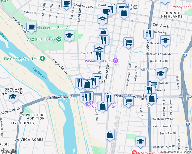 map of restaurants, bars, coffee shops, grocery stores, and more near 1309 4th Street Southwest in Albuquerque