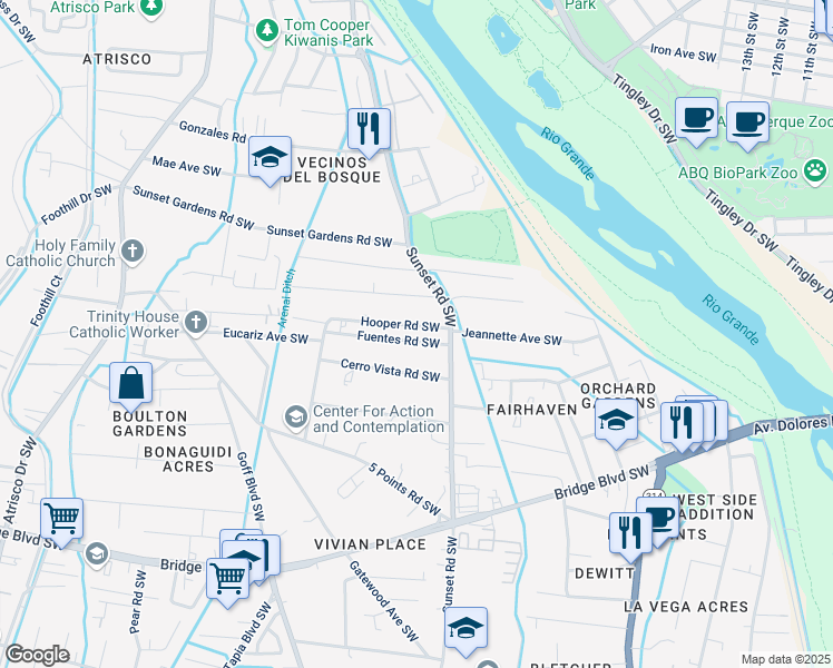 map of restaurants, bars, coffee shops, grocery stores, and more near 1501 Hooper Road Southwest in Albuquerque