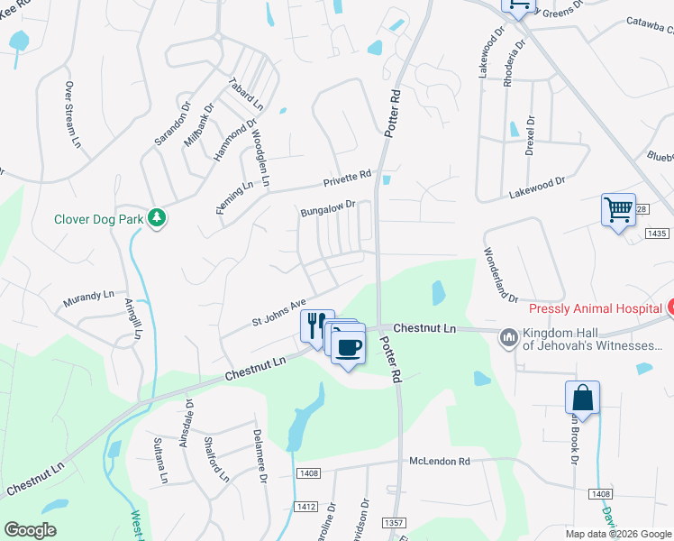 map of restaurants, bars, coffee shops, grocery stores, and more near 1213 Gainsborough Drive in Stallings