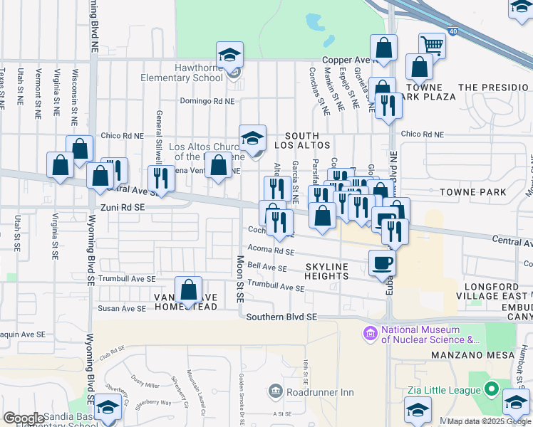 map of restaurants, bars, coffee shops, grocery stores, and more near 9710 Central Avenue Southeast in Albuquerque