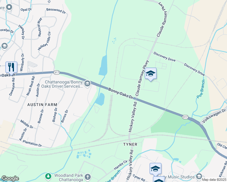 map of restaurants, bars, coffee shops, grocery stores, and more near 6511 Bonny Oaks Drive in Chattanooga