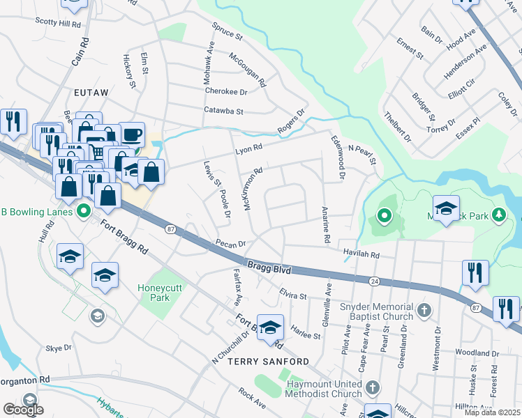 map of restaurants, bars, coffee shops, grocery stores, and more near 924 McKimmon Road in Fayetteville