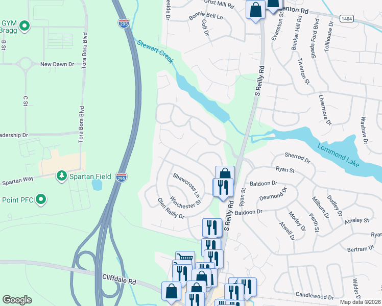map of restaurants, bars, coffee shops, grocery stores, and more near 6921 Arden Court in Fayetteville