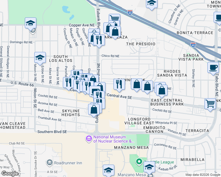 map of restaurants, bars, coffee shops, grocery stores, and more near 10600 Lagrange Park Drive Northeast in Albuquerque
