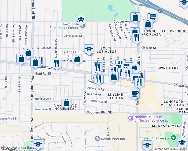 map of restaurants, bars, coffee shops, grocery stores, and more near in Albuquerque