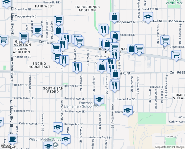 map of restaurants, bars, coffee shops, grocery stores, and more near 6711 Zuni Road Southeast in Albuquerque
