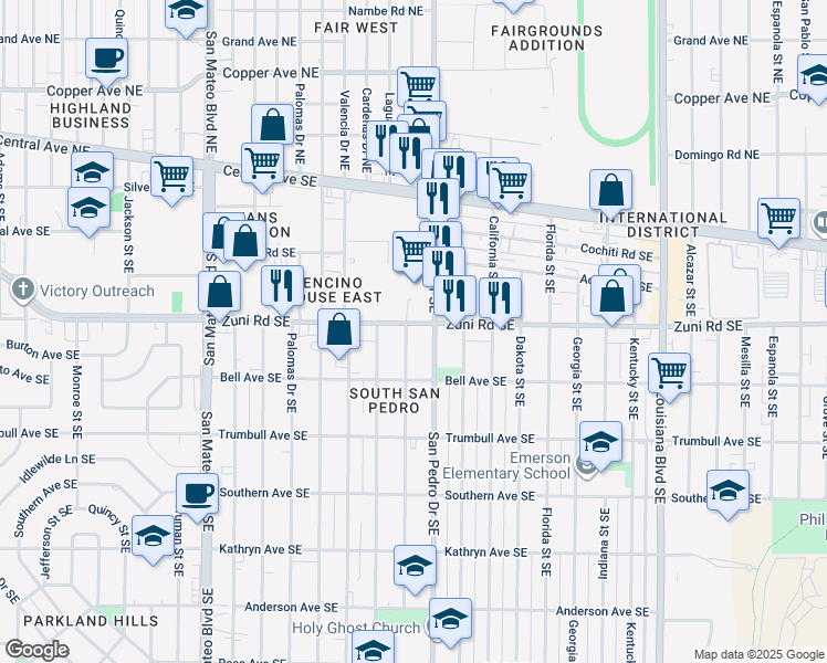 map of restaurants, bars, coffee shops, grocery stores, and more near 505 San Pedro Drive Southeast in Albuquerque