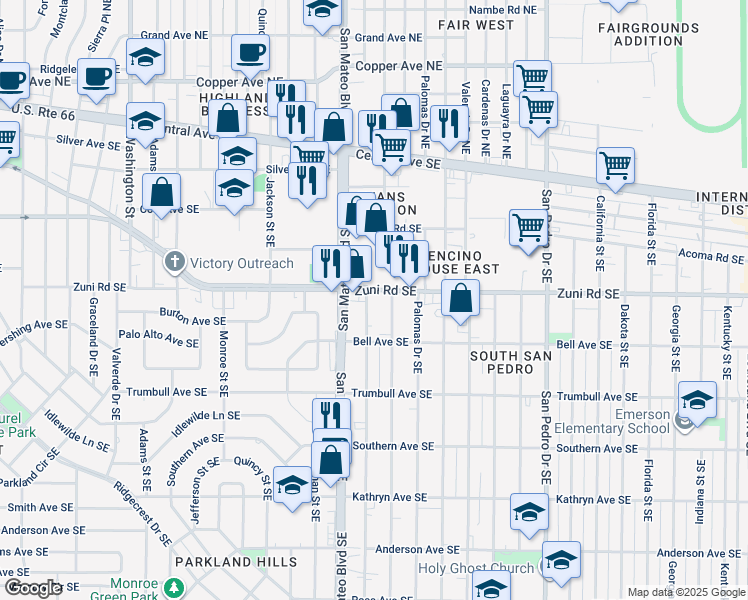 map of restaurants, bars, coffee shops, grocery stores, and more near 600 San Mateo Boulevard Southeast in Albuquerque