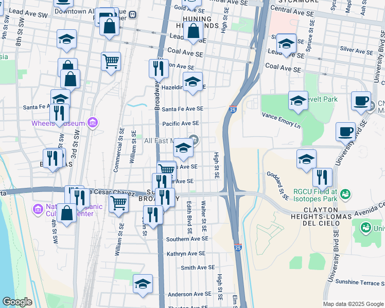 map of restaurants, bars, coffee shops, grocery stores, and more near 1020 Edith Boulevard Southeast in Albuquerque