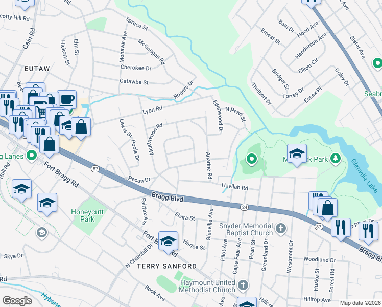 map of restaurants, bars, coffee shops, grocery stores, and more near 819 Ethelored Street in Fayetteville