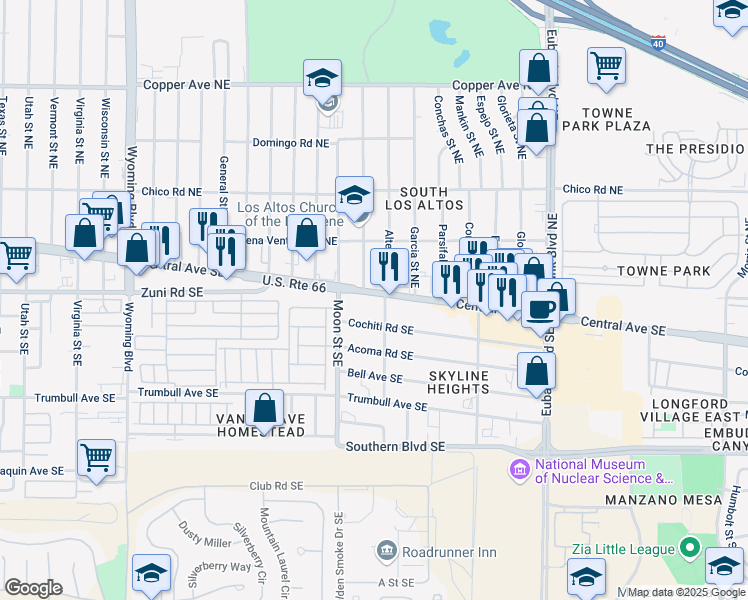 map of restaurants, bars, coffee shops, grocery stores, and more near 9710 Central Avenue Southeast in Albuquerque