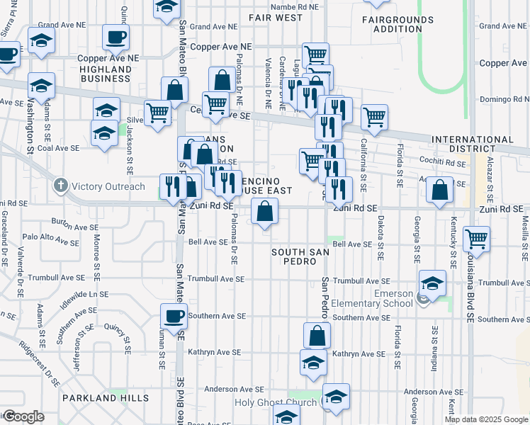 map of restaurants, bars, coffee shops, grocery stores, and more near 5812 Zuni Road Southeast in Albuquerque