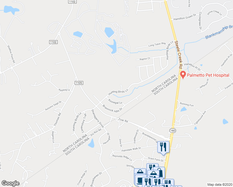 map of restaurants, bars, coffee shops, grocery stores, and more near 12817 Hunting Birds Lane in Charlotte