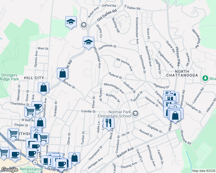 map of restaurants, bars, coffee shops, grocery stores, and more near 707 Mississippi Avenue in Chattanooga