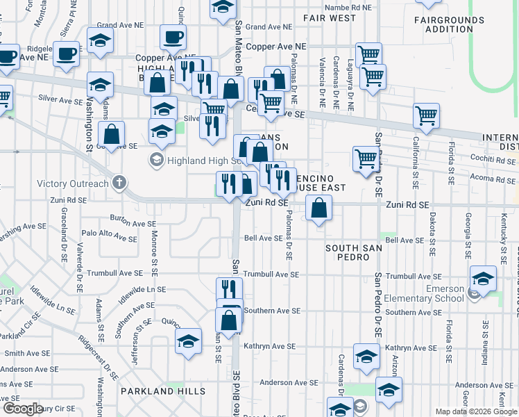 map of restaurants, bars, coffee shops, grocery stores, and more near 504 Ortiz Drive Southeast in Albuquerque