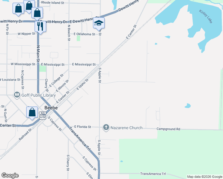 map of restaurants, bars, coffee shops, grocery stores, and more near 102 Apple Blossom Lane in Beebe