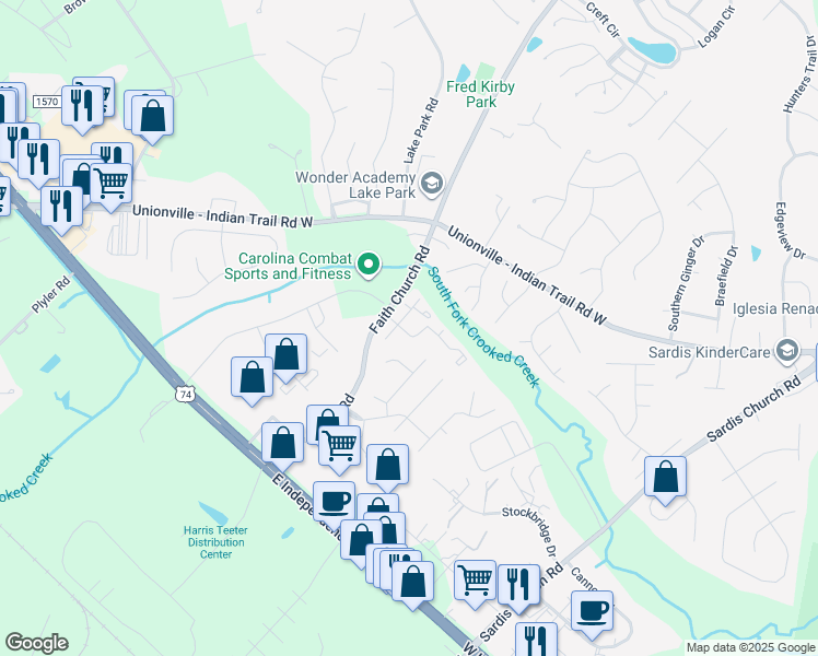 map of restaurants, bars, coffee shops, grocery stores, and more near 1101 Flagstone Lane in Indian Trail