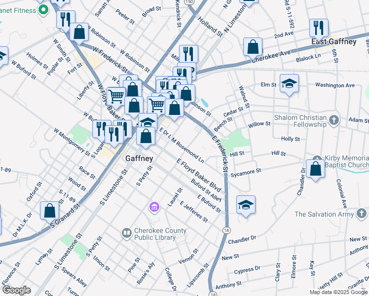 map of restaurants, bars, coffee shops, grocery stores, and more near East Meadow Street in Gaffney